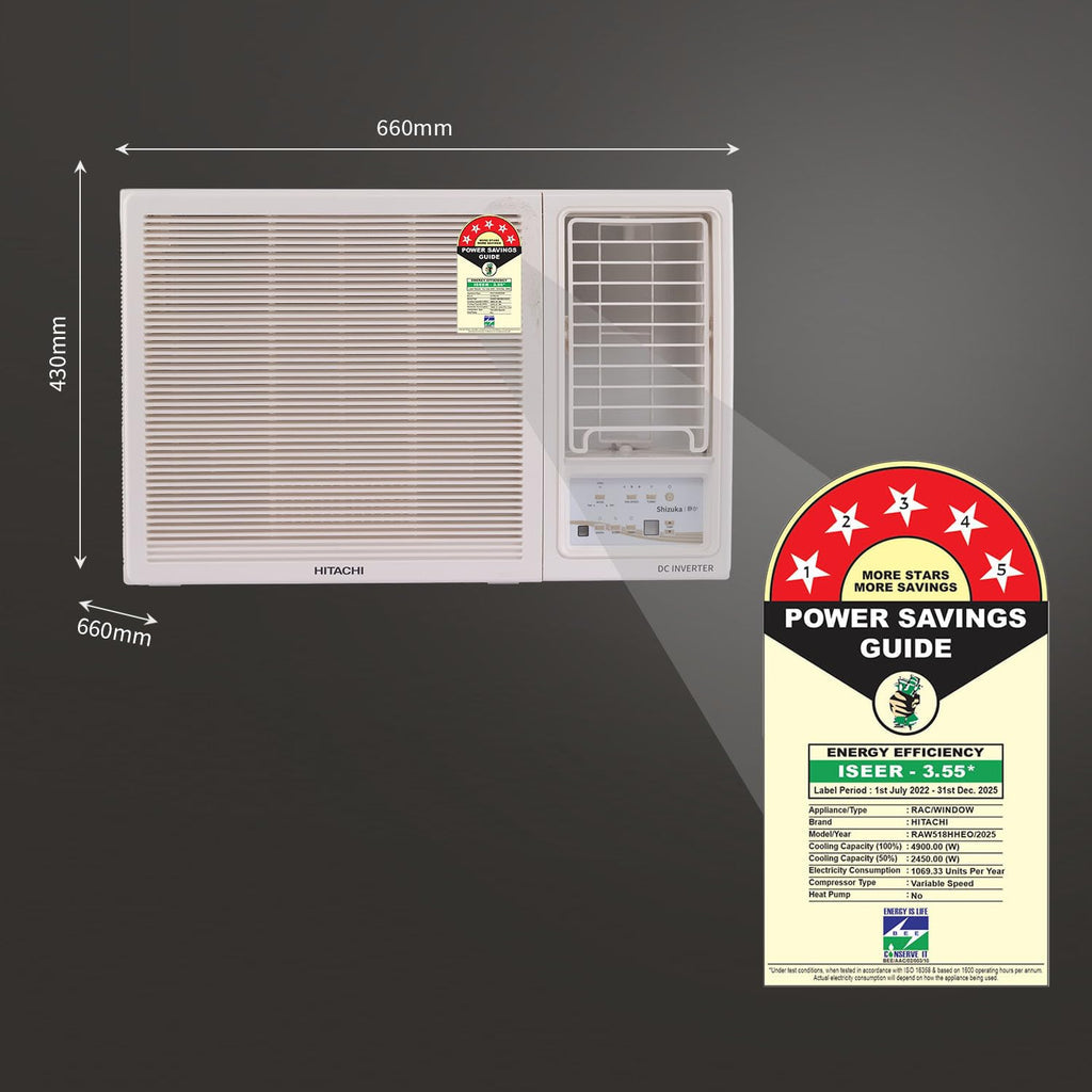 Hitachi RAW518HHEO 1.5 Ton 5 Star Inverter Window AC (100% Copper, R32 Refrigerant, Auto Restart, White)