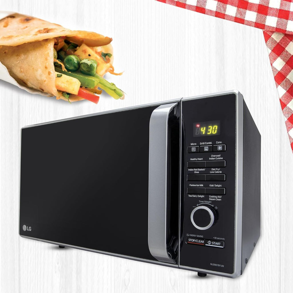 LG MJ2887BFUM 28 L Charcoal Convection Microwave Oven ( Black, with 360° Motorised Rotisserie & Charcoal Lighting Heater with 10 years warranty)