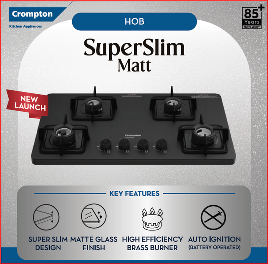 Crompton TAB-SMHB784-MBL SuperSlim Matt 78 cm 4 Burner Hob with Auto Ignition, Brass Burners and Toughened Glass Top ( Matt Black)