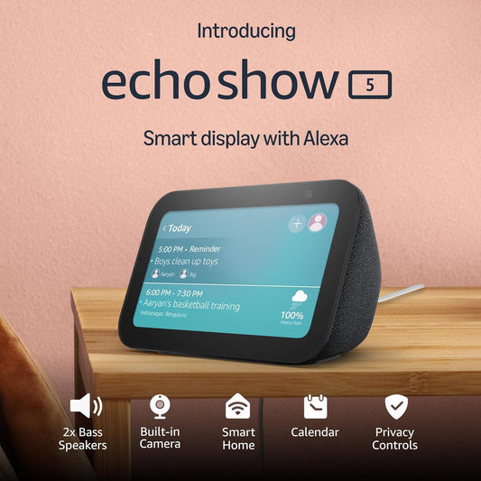 Amazon Echo Show 5 3rd Generation ( Latest Model ) | Smart display with Alexa, 2x bass speaker, clearer sound, camera for home monitoring, bluetooth | Charcoal