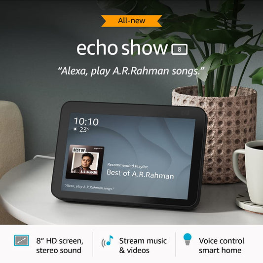 All New Echo Show 8 (2nd Gen) – 8” HD Smart Display with Alexa, 13MP Auto-Framing Camera, Stereo Sound & Smart Home Control (Black) | Suraj Electronics Delhi NCR