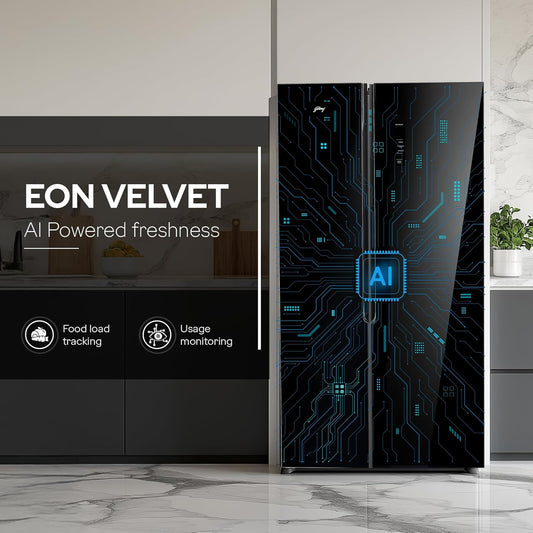 Godrej RS EONVELVET 646C 600L 3 Star Inverter Side-by-Side Refrigerator | Smart Convertible Zones | Toughened Glass Door | AI Freshness | Frost Free | Opera Black (2025 Model)