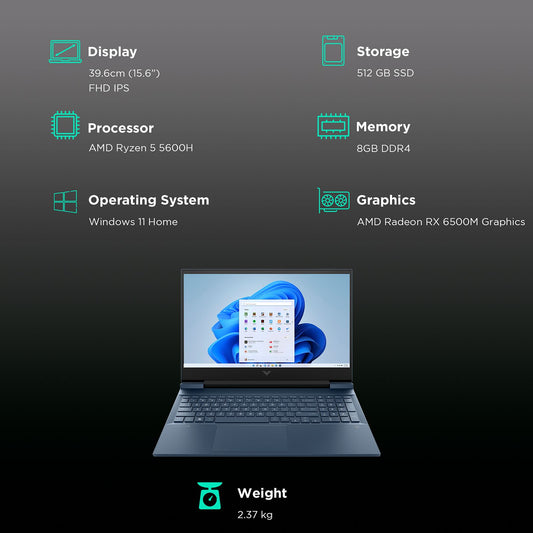 HP Victus 15-fb0153AX AMD Ryzen 5 (15.6 inch, 8GB, 512GB, Windows 11 Home, MS Office 2021, AMD Radeon RX 6500M, FHD IPS Display, Performance Blue, 8H5K2PA)