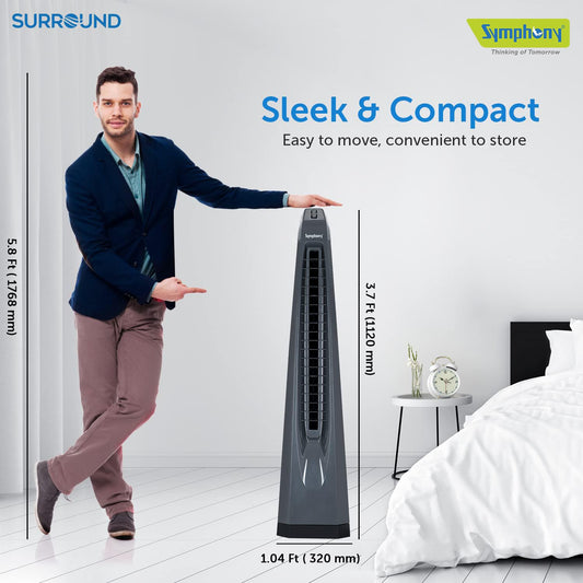 Symphony Surround Bladeless Tower Fan for Room & Office | High-Speed with Swivel Action & Simple Knob Control | Low Power Consumption | 1 Year Warranty | Grey