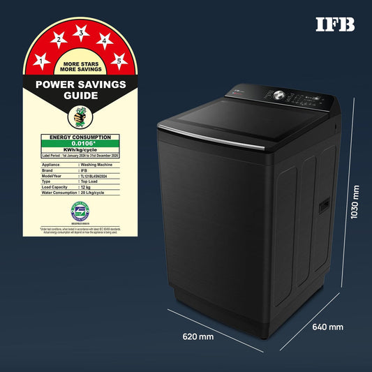 IFB TL121BL4SN 12 Kg 5 Star AI Powered Fully Automatic Top Load Washing Machine (2025 Model, DeepClean®, PowerSteam®, Inbuilt Heater, Black VCM)
