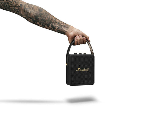 Marshall Stockwell II Bluetooth Portable Speaker – 20+ Hours Playtime, IPX4 Water Resistant, Multi-Directional Sound, Black & Brass