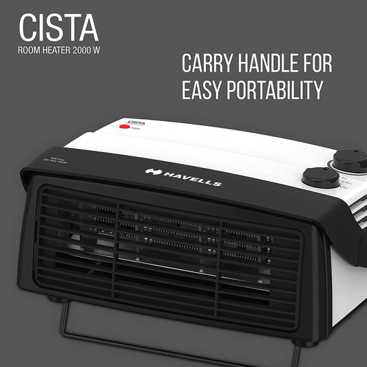 Havells Cista Room Heater 2000W (GHRFHAYW200) | Dual Heat Settings | Adjustable Thermostat | Cool Touch Body | Overheat Protection | Portable Design | White