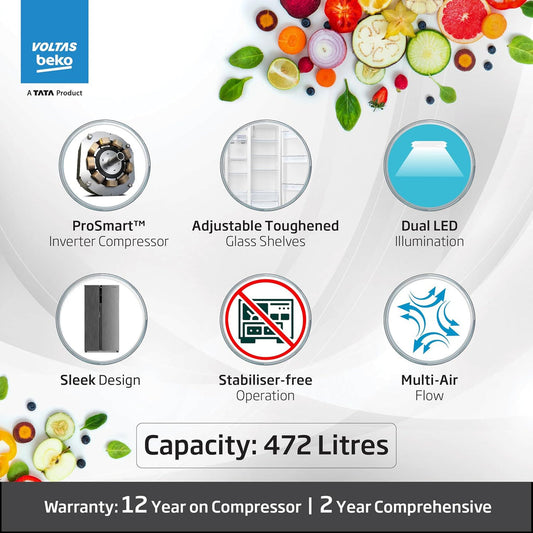 Voltas Beko RSB495/FPV300RXID 472 L Inverter Frost Free Side-by-Side Refrigerator (Inox Steel) with ProSmart Compressor, Multi Airflow & Electronic Temperature Control