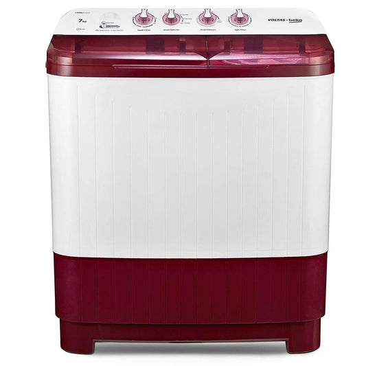 Voltas Beko WTT70DBRT 7 Kg 5 Star Semi Automatic Top Load Washing Machine | Special Pulsator, Fast Dry, Double Waterfall | White & Burgundy | Buy at Suraj Electronics