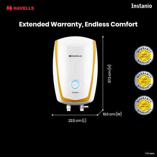 Havells Instanio 3L Instant Water Heater(Geyser)|Temp. Sensing LED Indicator| Rust & Shock Proof Body| ISI Marked|Warranty:5 year on Inner Tank| High Rise Compatible(White Mustard) GHWAIAPWH003
