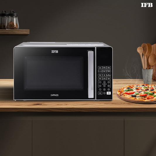 IFB 24L Solo Microwave Oven with 69 Auto Cook Menus (24PM2S, Silver, Mug Recipes, Steam Clean, Auto Reheat, Preset Timer, Power Save, Child Safety Lock, 10 Power Levels)