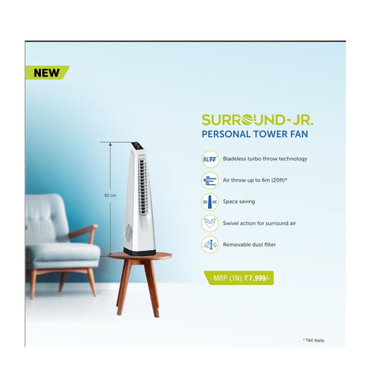 Symphony Surround JR Bladeless Tower Fan for Room | Quiet Personal Fan for Home & Office with 90° Oscillation & Turbo Throw | Knob Control | 1 Year Warranty | White
