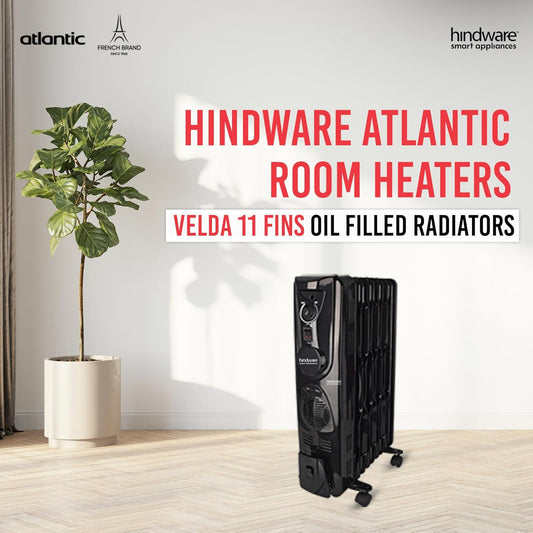 Hindware Atlantic Velda 11 Fin 2500W OFR Room Heater with 400W PTC Fan (Black) | Suraj Electronics Delhi NCR