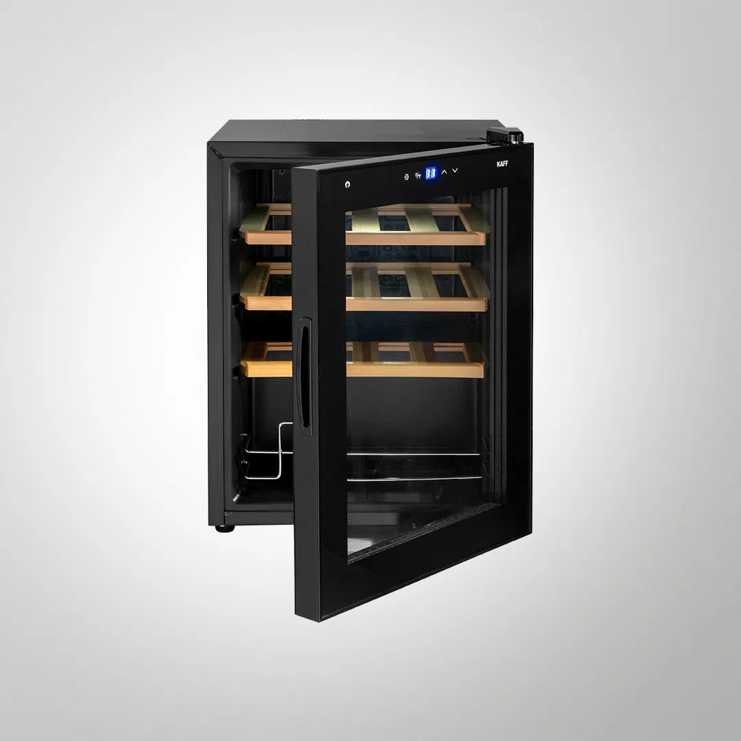 Kaff WC 48 TH BW 16-Bottle Free Standing Wine Chiller with Thermoelectric Cooling & Touch LED Display – Black Glass Door