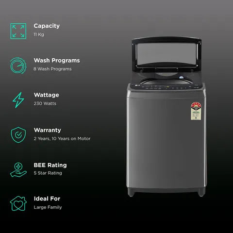 LG THD11SWM 11 Kg 5 Star AI Inverter Top Load Washing Machine (TurboWash, Steam, Wi-Fi Enabled, 6 Motion DD, Middle Black) – Fully Automatic