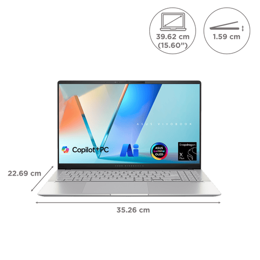 ASUS Vivobook S 15 S5507QA-MA551WS Snapdragon X Plus X1P 42 100 Thin & Light Laptop (16GB, 1TB SSD, Windows 11 Home, 15.6 inch OLED Display, MS Office 2021, Cool Silver, 1.42 KG)