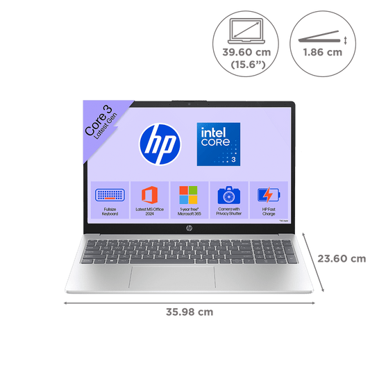 HP 15-fd1284TU Intel Core 3 Thin & Light Laptop (16GB, 512GB SSD, Windows 11 Home, 15.6 inch Full HD Display, Natural Silver, 1.65 KG)