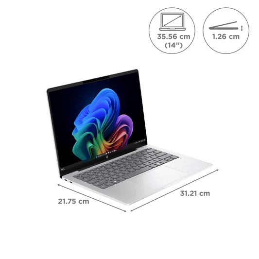 HP OmniBook 5 14-he0015QU Qualcomm Snapdragon X Thing & Light Laptop (16GB, 1TB SSD, Windows 11 Home, 14 inch 2K OLED Display, MS Office Home 2024, Glacier Silver, 1.35 KG)
