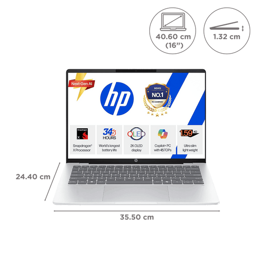 HP OmniBook 5 Qualcomm Snapdragon X Thin & Light Laptop (16GB, 1TB SSD, Windows 11 Home, 16 inch 2K OLED Display, MS Office 2024, Glacier Silver, 1.59 KG)