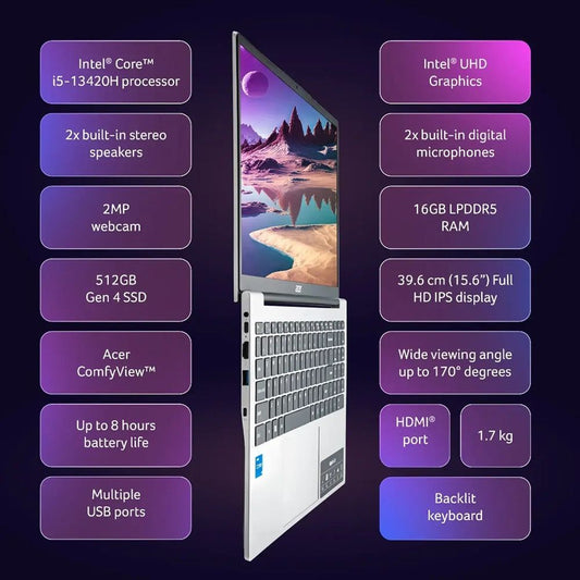 acer Aspire Lite Intel Core i5 13th Gen Thin & Light Laptop (16GB, 512GB SSD, Windows 11 Home, 15.6 inch Full HD IPS Display, MS Office, Pure Silver, 1.70 KG)