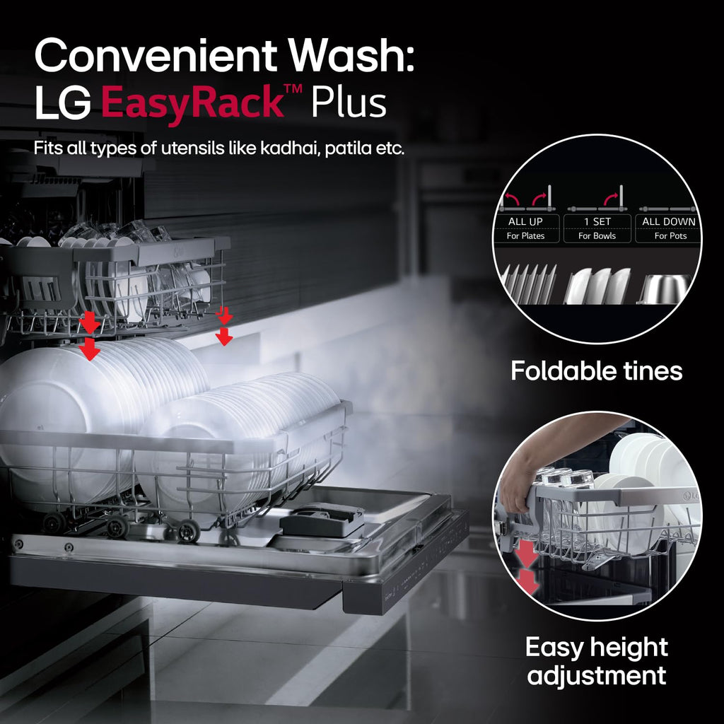 LG DFB424FM 14 Place Setting Dishwasher | TrueSteam, QuadWash, EasyRack Plus, Wi-Fi Enabled, Matte Black, Inverter Direct Drive Motor | Freestanding Dishwasher for Indian Kitchens