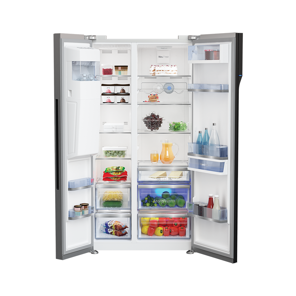 Voltas Beko RSB655XPRF 634L Side by Side Refrigerator with StoreFresh+, NeoFrost Dual Cooling & Inverter Compressor (Inox, Automatic Water & Ice Dispenser)