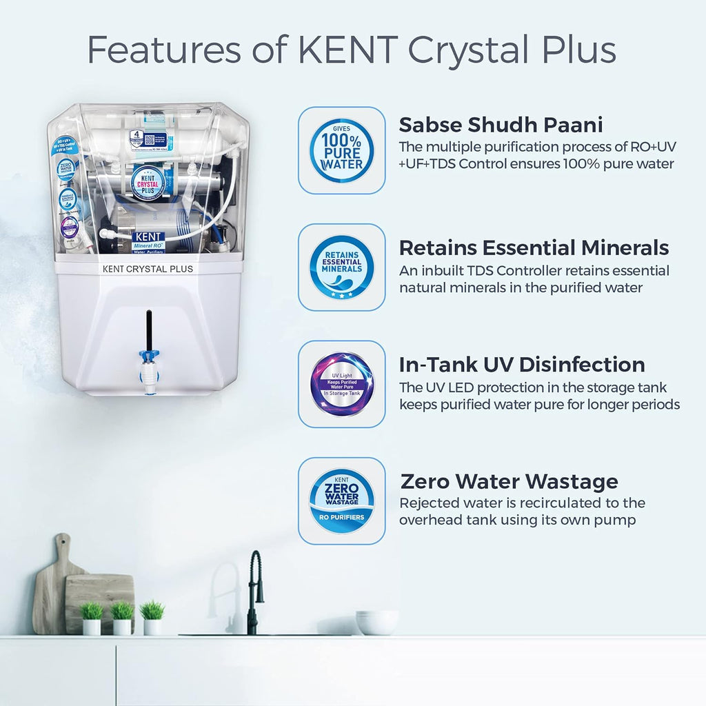 KENT Crystal Plus Alkaline RO + UV + UF + TDS Control + in-Tank UV Water Purifier 11 L | 20 L/hr Water Purification | Zero Water Wastage Technology