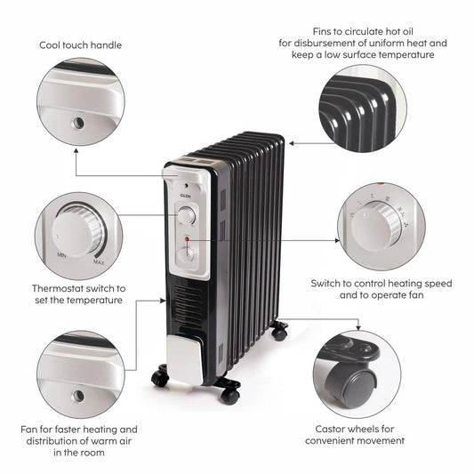 Glen HA7015OR9 Oil Filled Radiator Room Heater 2000W with Turbo Ceramic Fan400W Black - 9 Fin