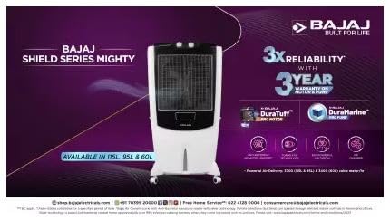 Bajaj Mighty 95 95L Desert Air Cooler with DuraTuff Pro Motor (3-Yr Warranty by Bajaj), Ice Chamber, Antibacterial Hexacool Technology, 100 feet Air Throw & 3-Speed Control, White Air Cooler for home
