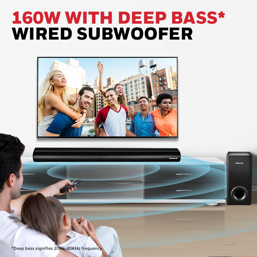 Honeywell Trueno U3000 160W 2.1 Channel Soundbar with Wired Subwoofer, HDMI ARC, Optical, Bluetooth & Remote – Black