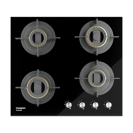 Crompton HOB-SSDC604-MBL SensoSafe 60 cm 4 Burners Built-in Gas Hob With High Efficiency Brass Burners, Auto-Ignition and 8 MM Toughened Glass ( Midnight Black)