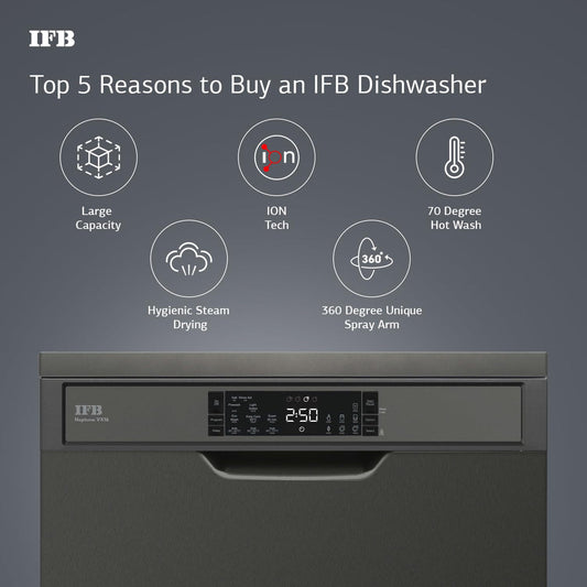 IFB Neptune VX16 16 Place Setting Dishwasher (Inox Grey) | Auto Door Open, ION Tech, 360° Spray Arms, Steam Drying