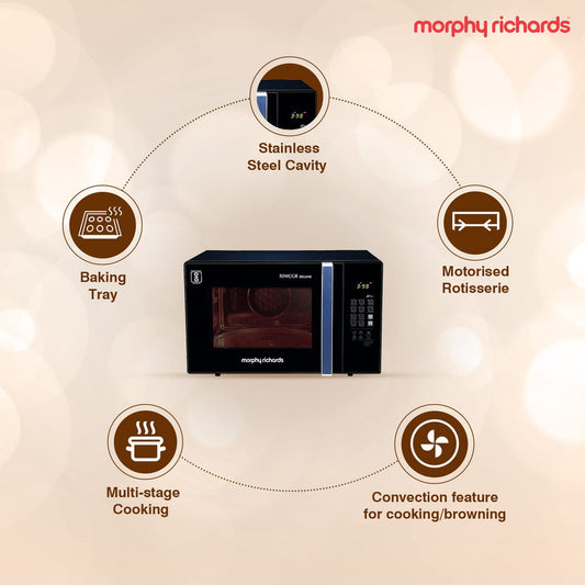 Morphy Richards 30 MCGR Deluxe 30L Convection Microwave Oven with Motorised Rotisserie, 200 Autocook Menus and Child Lock Feature, Black