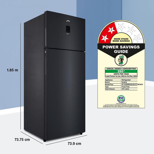 Godrej RT EONREGALIS 517B RCI MT BK 472L 2 Star Inverter Frost Free Double Door Refrigerator (Matte Black, Nano Shield Technology, Movable Ice Tray)