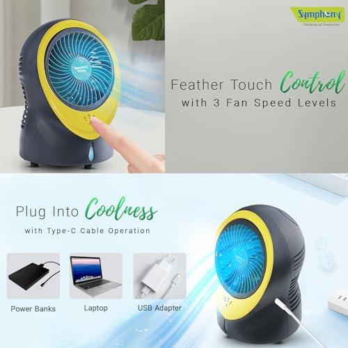 Symphony Buddy Mini Portable Tabletop Air Cooler for Home and Office with Whisper Quiet Operation and Touch Control (Yellow)