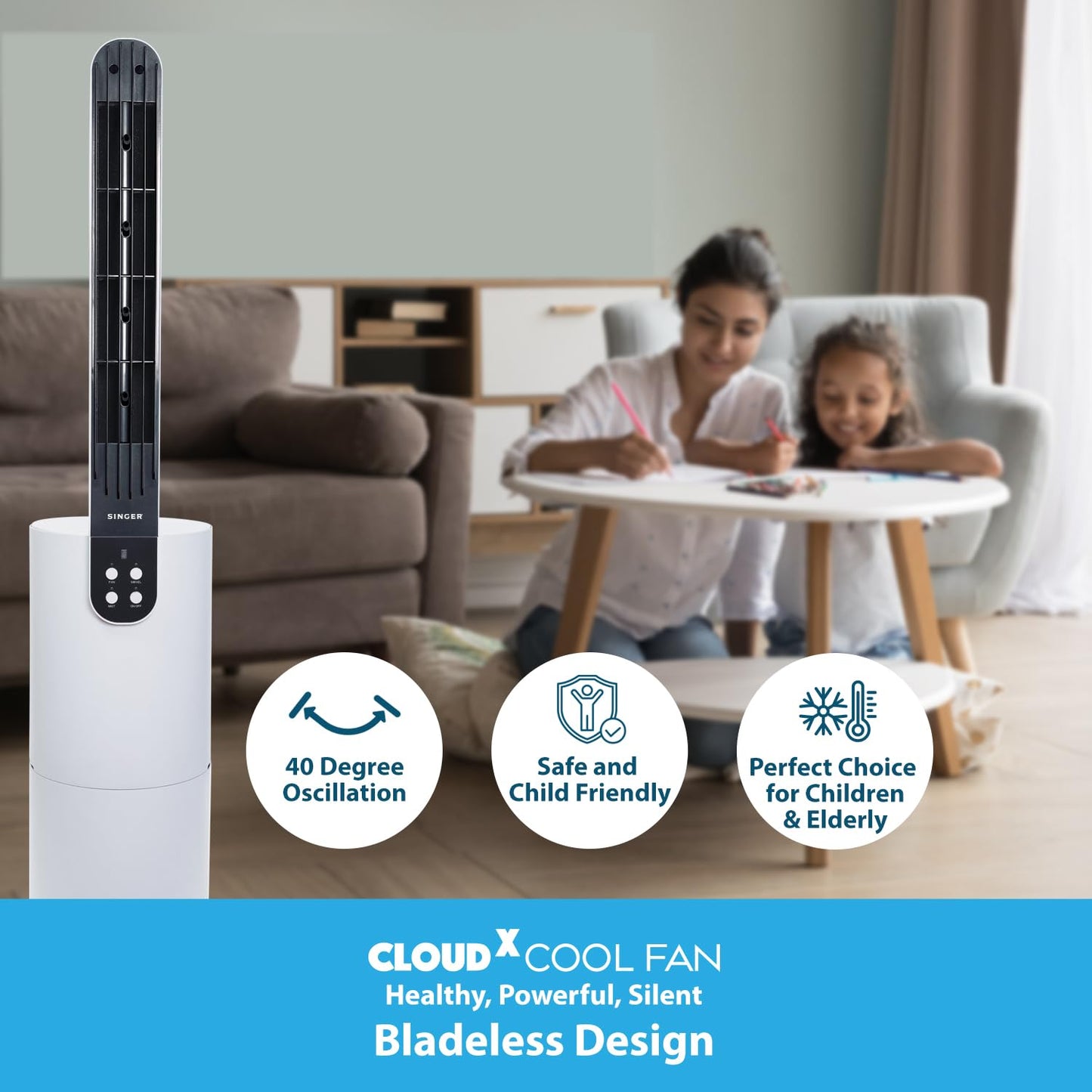 SINGER Cloudx Cool Fan SCF160CXWGTE with Cloud Technology | Silver Coated Mesh Filter | Quite Mode | Point Anywhere Remote Control | Portable | 5 L Tank | 8 Hours Cooling | 3 Speed Air Modes | 2 Years Warranty
