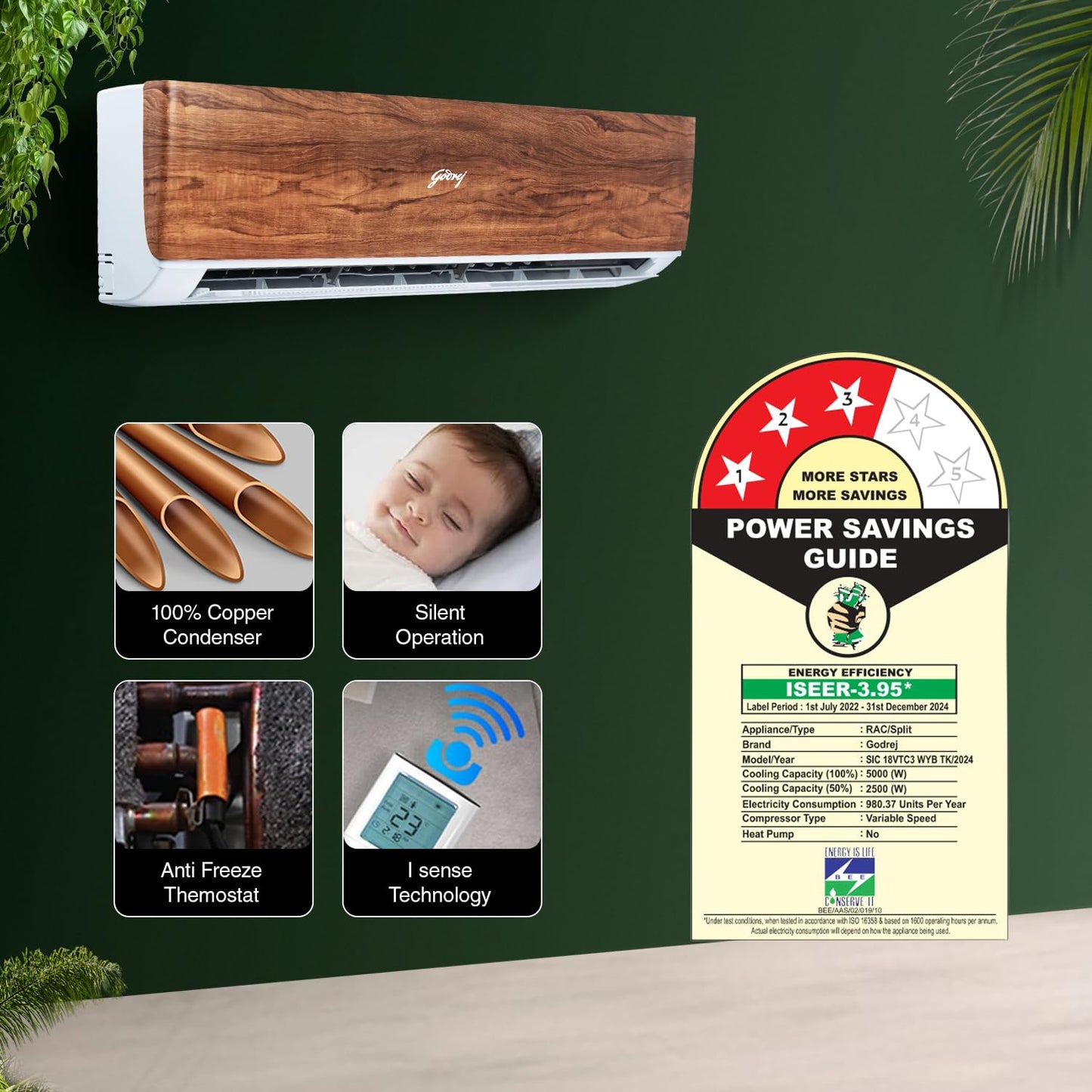 Godrej SIC 18VTC3 WYB TK 1.5 Ton 3 Star Inverter Split AC | 5-in-1 Convertible | Wood Finish | Copper | Buy @ Suraj Electronics Delhi NCR