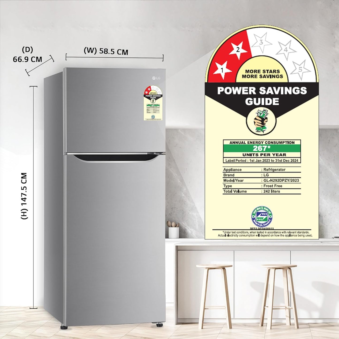 LG GL-N292DPZY 242 L 2 Star Frost-Free Smart Inverter Double Door Refrigerator ( Shiny Steel, Smart Connect & Multi Air Flow)