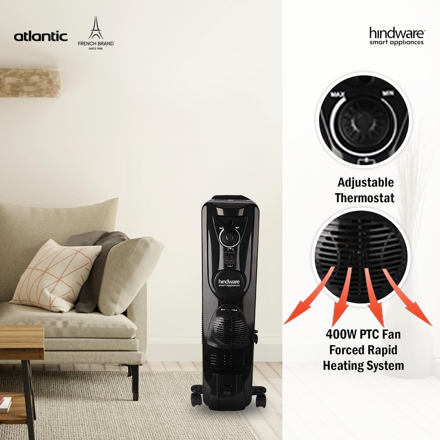 Hindware Atlantic Velda 13-Fin 2900W Room Heater with PTC Fan, Cloth Hanger & Humidifier | Powerful Heating | Suraj Electronics Delhi NCR