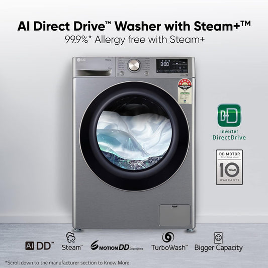 LG FHP1410Z7P 10 Kg 5 Star Ai Direct Drive Wi-Fi Inverter Fully Front Load Automatic Front-Loading Washing Machine Turbowash & Steam For Hygiene Wash, Platinum)