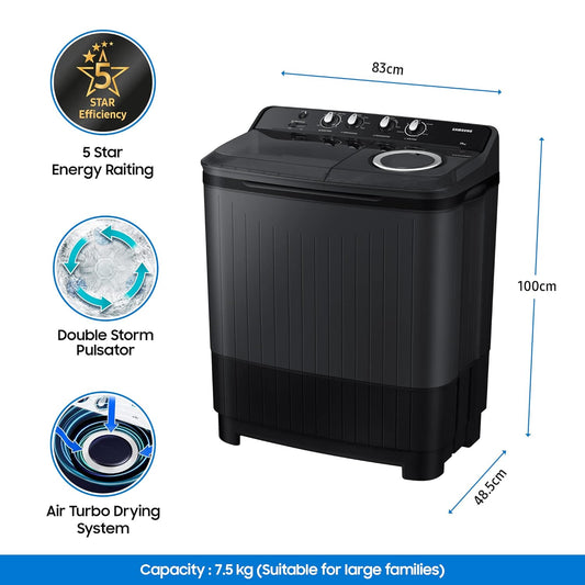 Samsung WT75B3200GD/TL 7.5 Kg 5 Star Semi Automatic Top Load Washing Machine | Hexa Storm Pulsator, Air Turbo Drying