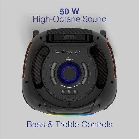 FINGERS RollingParties-51 Bluetooth Trolley Speaker with Powerful 50 W Deep Bass, RGB Lights, 15-Hour, Bundled 2 Wireless Mics & Additional 2 Mics (Rich Black)