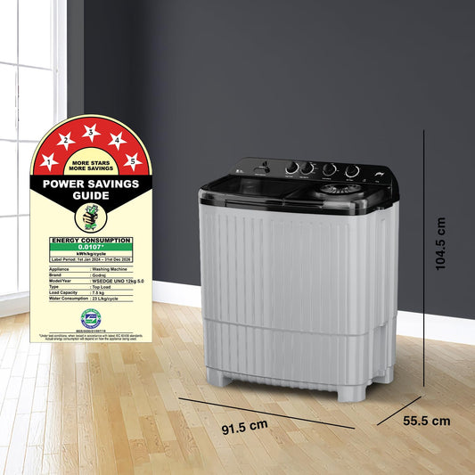 Godrej WS EDGE UNO 120 5.0 PB4 MIGR 12 Kg 5 Star Semi-Automatic Top Load Washing Machine With Air Dry and 4 Wash Programs ( Aqua Power Pulsator, Mist grey)