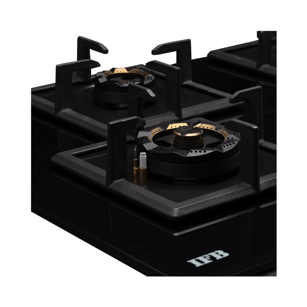 IFB 78-GCI4B-3D FB FFD 4 Burner Built-in Hybrid Hob – 3D Brass Burners, Auto Ignition, Flame Failure Device, Black Glass Top