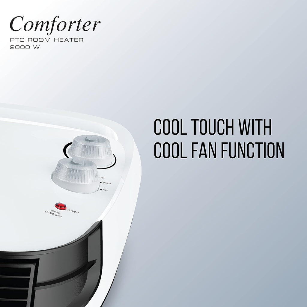 Havells Comforter 2000 Watt Room Heater with Overheat Protection| Easy to Carry for Bedroom and Office| Adjustable Thermostat Control Knob & Adjustable Vent for Air Delivery (White and Black) GHRFHAGW200