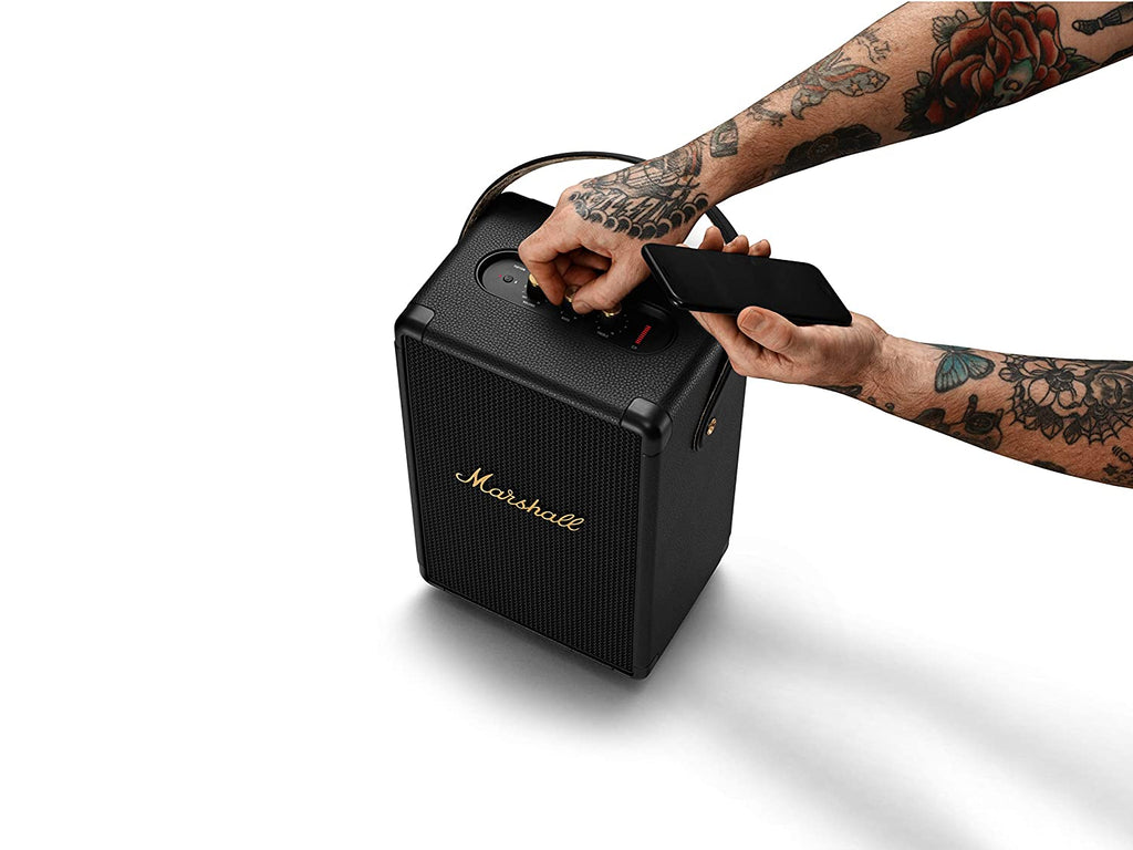 Marshall Tufton 80W Bluetooth Portable Speaker (Black & Brass) | 20+ Hours Battery, IPX2 Water Resistant, Multi-Directional Sound