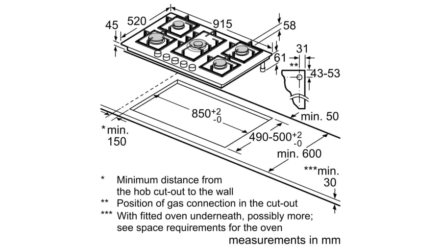 Bosch PNV9B6F20I 90cm Built-in Gas Hob | 5 Brass Burners | Auto Ignition | Tempered Glass | Flame Failure Safety | Cast Iron Support