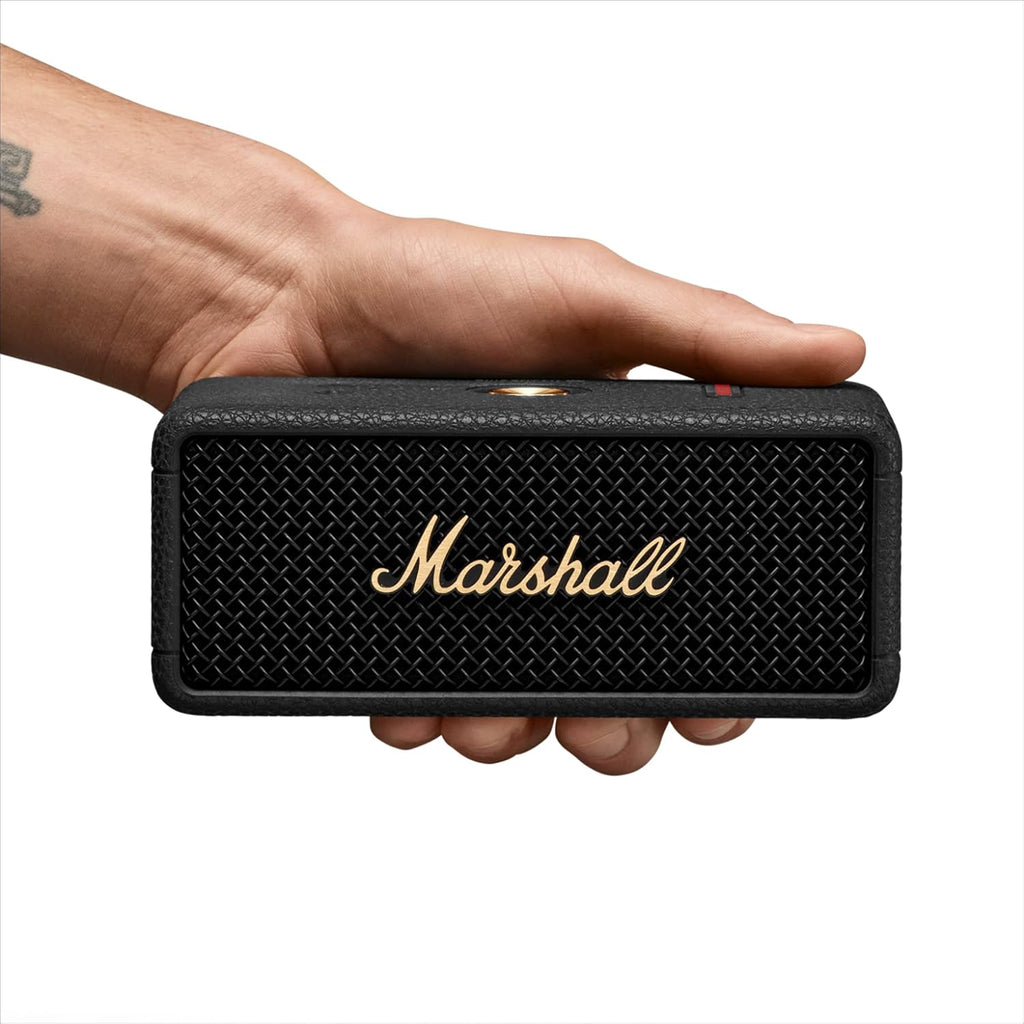 Marshall Emberton III Bluetooth Speaker Black & Brass – 32+ Hours Playtime, 360° Sound, IP67 Dust & Waterproof, Built-in Mic