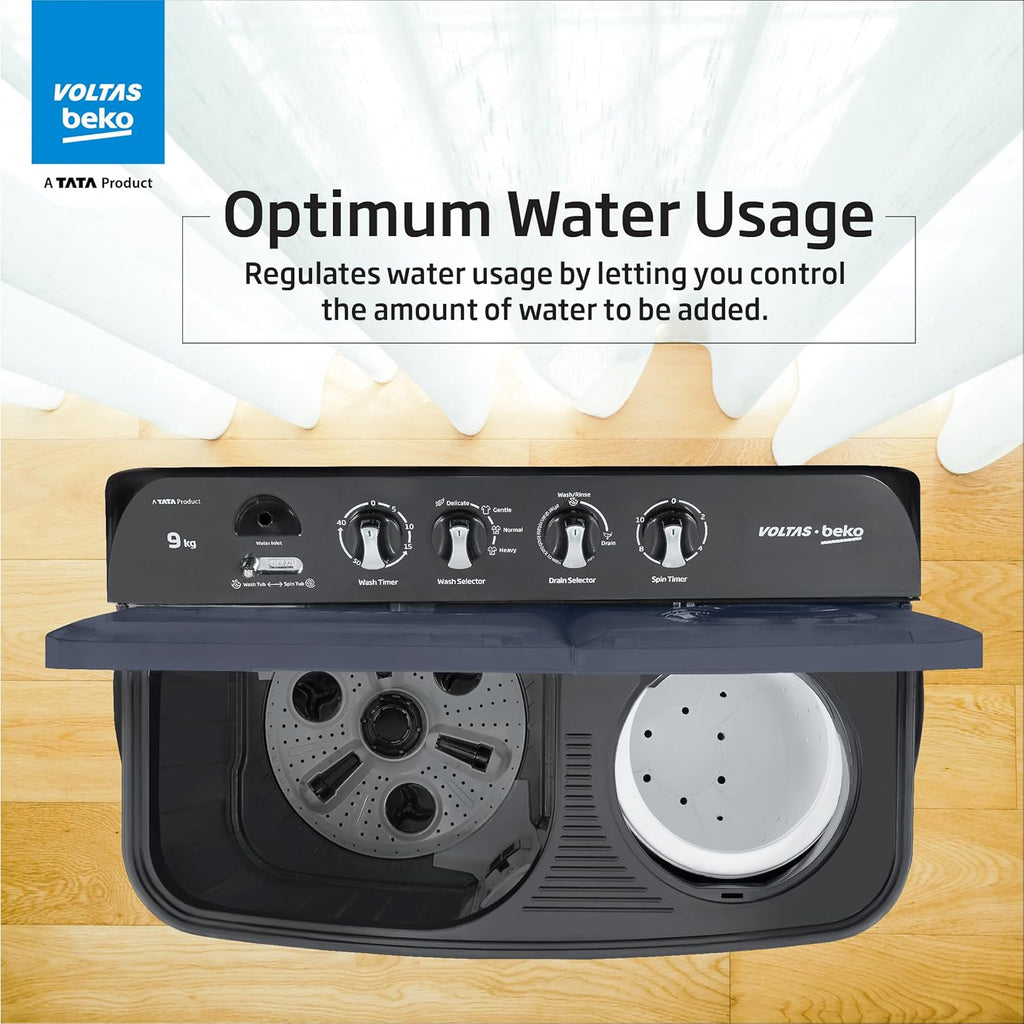 Voltas Beko WTT90UDX/BKGR4KGTD 9 Kg 5 Star Semi-Automatic Top Load Washing Machine | Twin Tub | Special Pulsator | Double Waterfall | Black