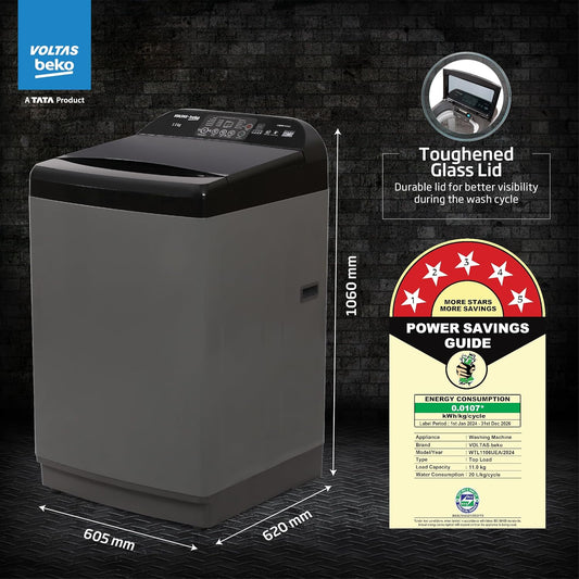 Voltas Beko WTL1106UEA/OBS1060 11 Kg 5 Star Fully Automatic Top Load Washing Machine | Double Waterfall Technology
